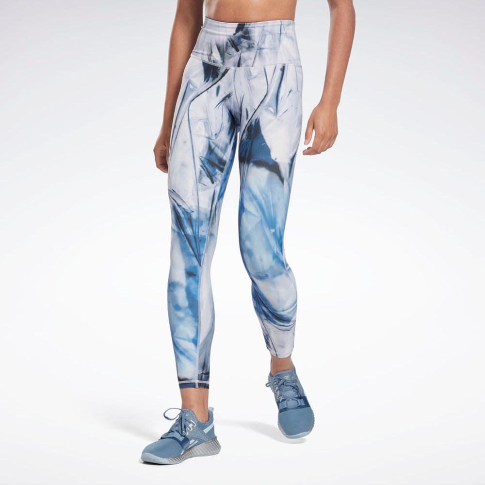 Reebok Lux Bold High-Waisted Liquid Abyss Print Tights Modre | NKHQF6958